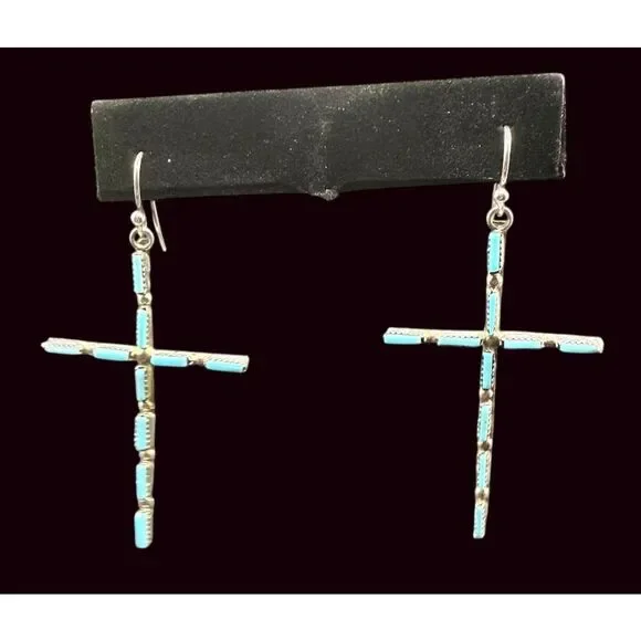 VINTAGE NATIVE AMERICAN TURQUOISE STERLING SILVER CROSS EARRINGS - Picture 4 of 6